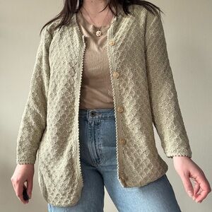 Kate Hill Olive Green Open-Stitch Button Cardigan